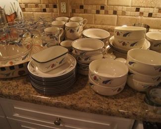 Full set of Lenox "Poppies on Blue" dishes and matching glassware and serving dishes