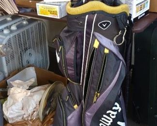 golf club bag, golf balls, clubs, caddy cart