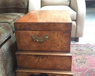Burled walnut hinge top trunk/ chest with single drawer