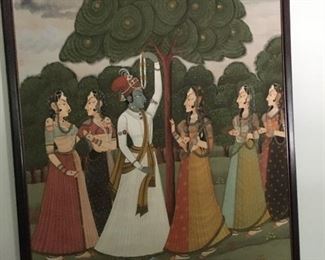 "Krishna Gets Married," hand painted on silk, unsigned, approx 39" by 54" , has a repair