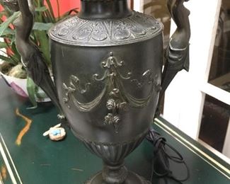 Antique bronze table lamp with nymph handles and marble base, custom shade and antique finial