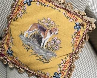 antique needlepoint dog pillow with tassels