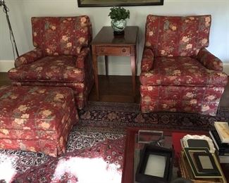Pair of custom upholstered armchairs with ottoman, Brandt Mfg. Pembroke style drop leaf table, on  a Made in India Sarouk farahan hand-knotted rug, 9.10 x 13.10 $1,600 with pad