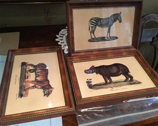 3 Antique wildlife prints, in matching frames, C de Last litho, paint by Werner