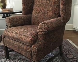 Chippendale-style wing back chair with Paisley upholstery on