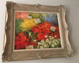French Flower Market oil painting, signed lower right, artist unidentified approx. 20 by 24