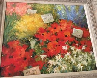 French Flower Market oil painting, signed lower right artist unidentified, 20 x 24"
