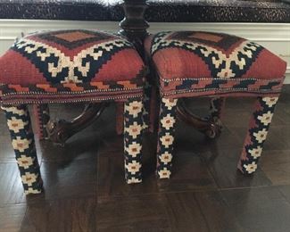 Two Benches, Parson style custom covered in antique Kilim Shiraz