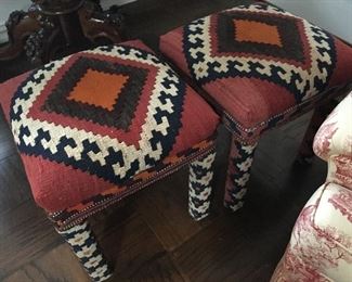 Pair of Parson's style bench custom covered in antique Kilim Shiraz