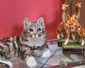 Winstanley Pottery Cat figure with glass eyes, giraffe bookends with damage