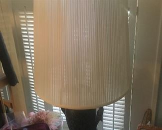 Antique bronze table lamp with nymph handles and marble base, custom shade and antique finial