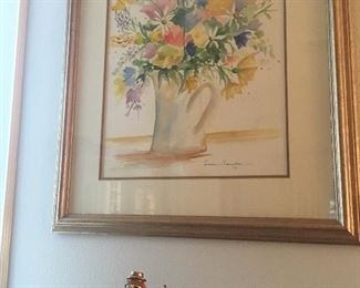 Original watercolor "Summer Melody" by Louise Langdon,   Signed clown sculpture