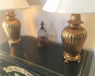 pair of heavy plate brass lamps, double pull with shades