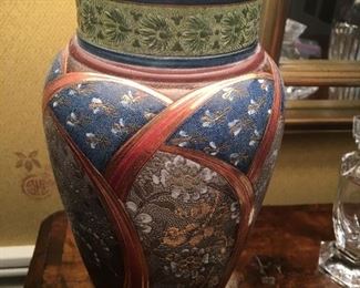 Porcelain lamp on wood base with and handmade Nouveau Shade of Houston and Chinese brass finial