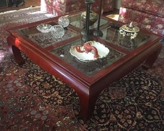 Ming style coffee table with beveled glass top purchased at Suniland, Houston on Indian Sarouk Farahan hand knotted 9.10 x 13.10 rug with pad