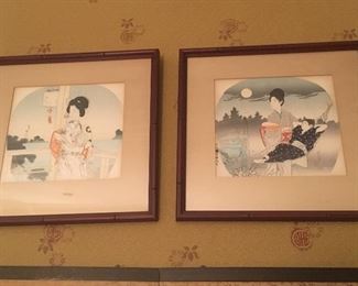 Set of 4 framed woodblock print,  fan forms