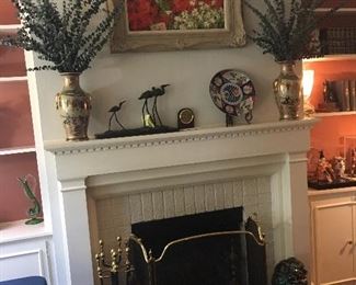 From top to bottom, an original signed French flower market painting, oil on canvas, artist unknown, signed lower right, pair of vases, bronze sculpture of Cranes signed Bouchard '69, Imari charger