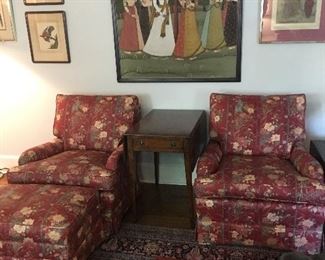 Pair of custom upholstered armchairs with ottoman, Brandt Mfg. drop leaf table on  a Made in India Sarouk farahan hand-knotted rug, 9.10 x 13.10, $1,600 with pad