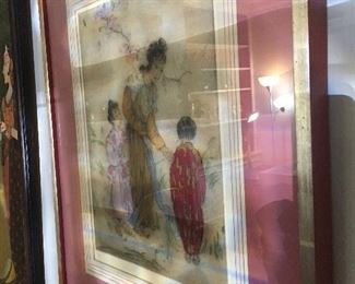 Elyse Ashe Lord (1900 - 1971, England) Oriental Woman with 2 Children, hand colored etching signed and numbered by artist