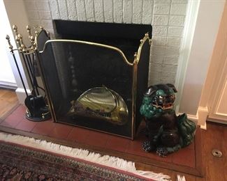 Fireplace tools, Brass and metal fireplace screen, antique brass andirons and log holder