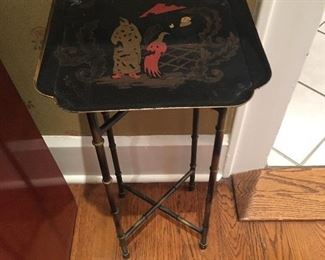 Metal hand painted  metal tray on bamboo stand, signed on verso, made in China