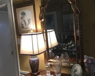 Counter-clockwise from top" LaBarge keyhole mirror, hand colored etching  signed and numberd by Paul Geissler artist, Waterford crystal, Limoges JPL  handpainted plate, 11.5' tankard, RS Prussia