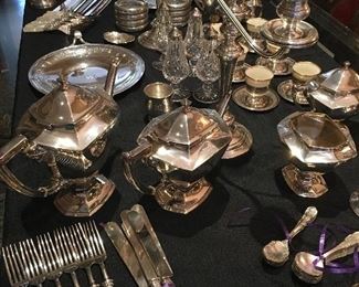 Set of 24 Mother of Pearl & Sterling Knives, + Forks Wm Rogers, Eagle Brand, Simpson Hall 5 pc. Sterling Tea Service, .925 trays, etc.