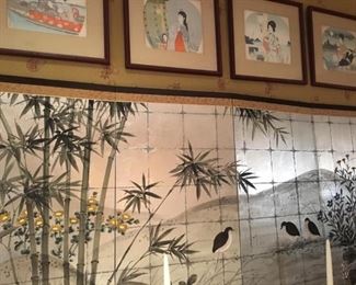 Japanese four panel hand painted screen