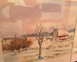 Original  watercolor signed "Storm" , Snowy Farm Scene" 