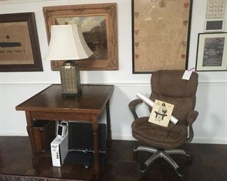 english oak domino table, suede rolling desk chair