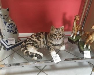 Winstanley Pottery Cat figure with glass eyes, giraffe bookends with damage