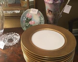 1930's Gold Encrusted Pickard/ Heinrich & Co elb Bavaria Charger Plates, set of 10, background Limoges JPL hand painted plate and 11.5" RS Prussia Portrait Tankard