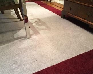 Geometric Burgundy and gray area rug, stains, measures 11.8 x 10.9, $200.