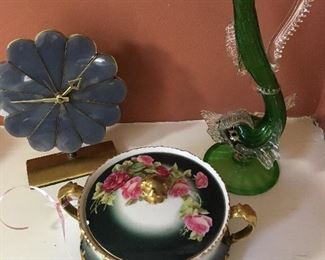 T & V Limoges France Depose HandPainted Cracker Bowl with Lid, Antique Murano Glass Fish vase, MCM clock brass and blue stone petal face on brass stand 