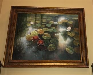 Large 46” x 58” serene oil painting of lily pond. 