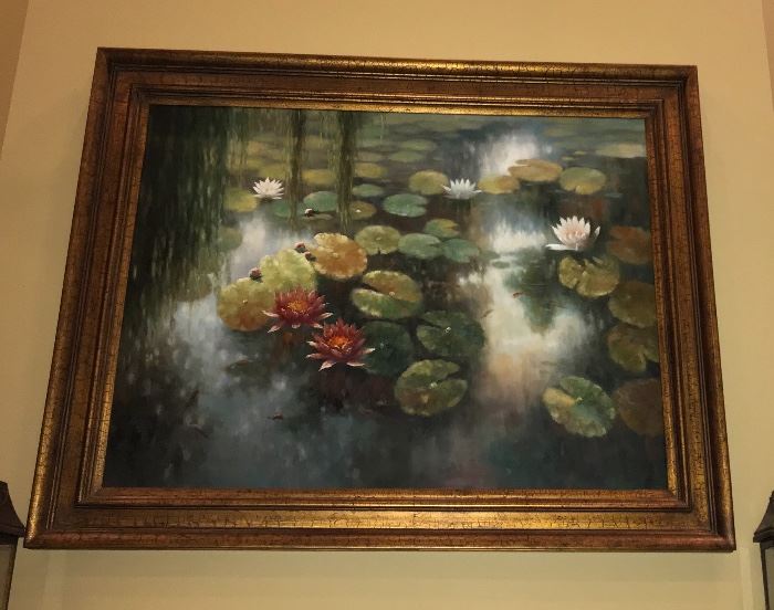 Large 46” x 58” serene oil painting of lily pond. 