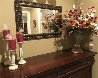 Oblong mirror, 3 pc candle set, beautiful flower arrangement