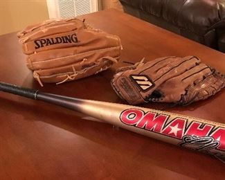 Older metal bat and gloves