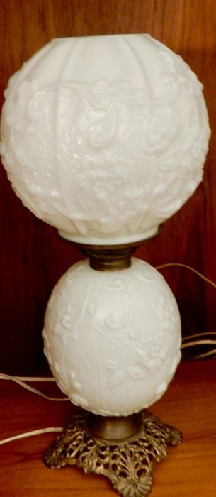 ANTIQUE BANQUET LAMP IN VERY THIN MILK GLASS--UNUSUAL