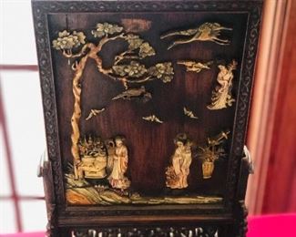 The other of the pair of Chinese antique table screens, this one missing a piece of decoration