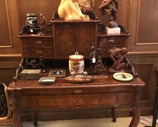 Beautiful and unique European antique ladies writing desk with burlwood veneer