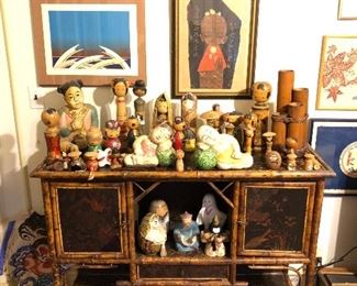 Bamboo cabinet stand with vintage Japanese  Kokeshi dolls on top