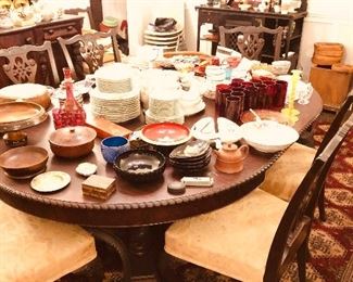 Antique Empire hairy paw dining table, matching sideboard and China cabinet, also set of 8 antique Chippendale heavy wood chairs.