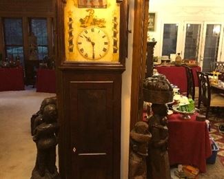 Antique musical automaton tall case clock probably German , music plays, figures move & clock works to an extent!