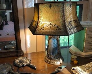Antique slag Glass base lamp with metal shade