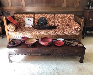 Vintage Drexel oak framed sofa, Chinese coffee table