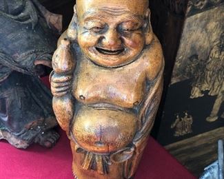 Antique Chinese bamboo carved Buddha figure, signed 