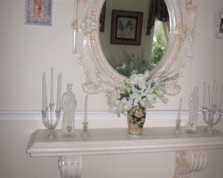Ornate Entry Table with Matching Mirror and Carved Benches
