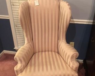 2 Philadelphia Handmade Queen Anne High Back Chairs with Beige Silk Damask Covering- Mint Condition