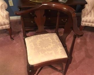 Rare Henkel Harris Mahogany Corner Chair with Silk Damask Covering, Mint Condition